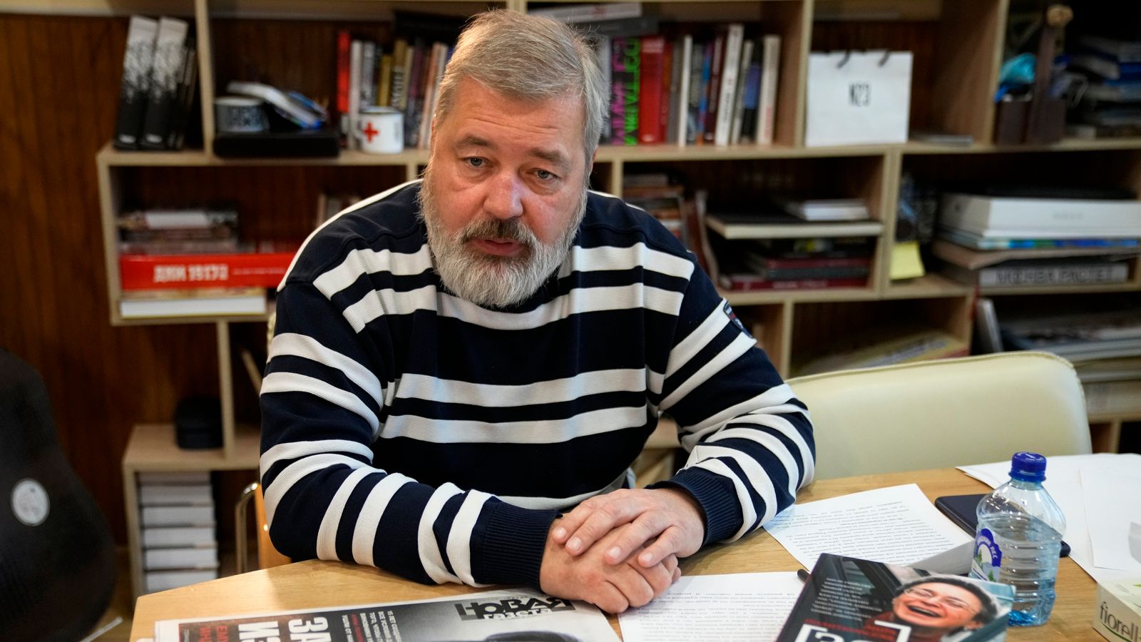 Novaya Gazeta editor Dmitry Muratov speaks during an interview with The Associated Press at the Novaya Gazeta newspaper, in Moscow, Russia, Thursday, Oct. 7, 2021. Colleagues of investigative reporter Anna Politkovskaya are sharply criticizing the Russian authorities for failing to track down the mastermind of her killing 15 years ago.PIC:AP