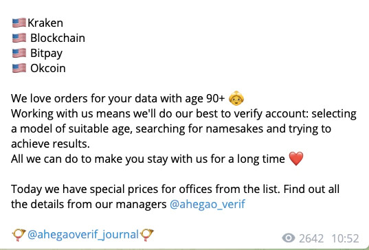 A post advertising accounts for sale on a public Telegram channel